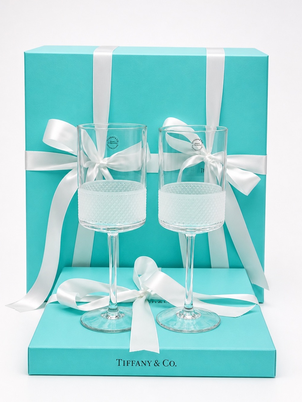 NEW - Tiffany & Co. Diamond Point Lead Crystal Wine Glasses Clear Slovenia Box